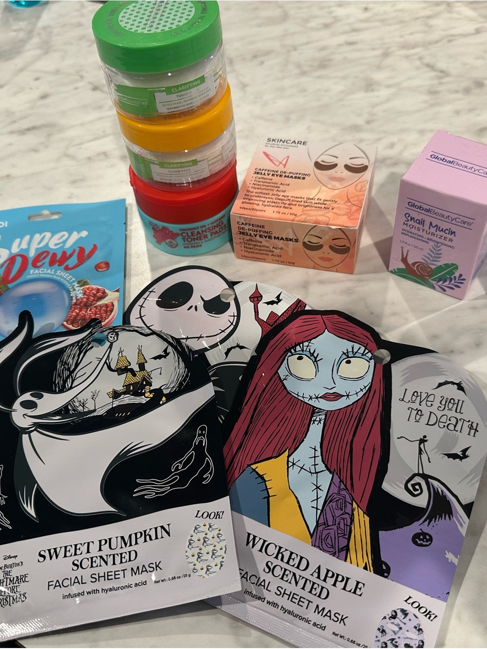 Face masks, toner pads, eye masks, and facial moisturizer